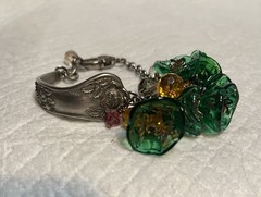 Handcrafted Spoon Bracelet with 6 Lamp Work Green Flower Beads .7 1/2 inches .