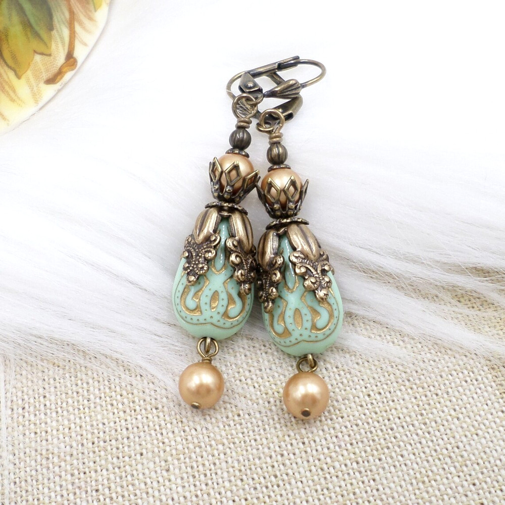 Antique Brass Victorian Style Earrings, Mint Green and Gold Acrylic Bead Jewelry