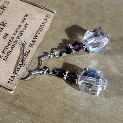 Czech Crystal Clear Purple Black Silver Cube and Bicone Beads Earrings