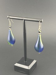925 Sterling Silver Blue Green Swirl Lampwork Art Glass Teardrop Earrings 5g