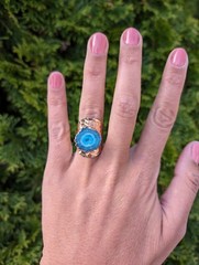 Artisan Handmade In Morocco Adjustable Blue Geode Wide Band Gold Ring Size 8.75