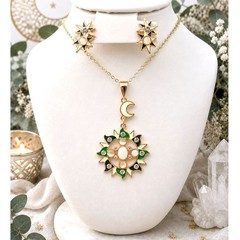 Celestial Sun & Moon Rhinestone Necklace and Earrings Set | Boho Jewelry