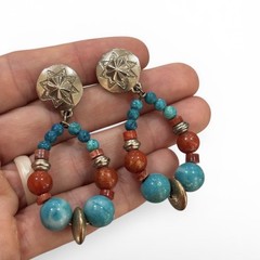 Earrings Artisan Southwestern Beaded Teardrop Cowgirl Silver Tone Teal & Orange