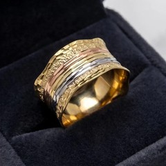 Striped Wavy Wedding Band In 14K Tricolor Gold Solid Jewelry Florentine Finish