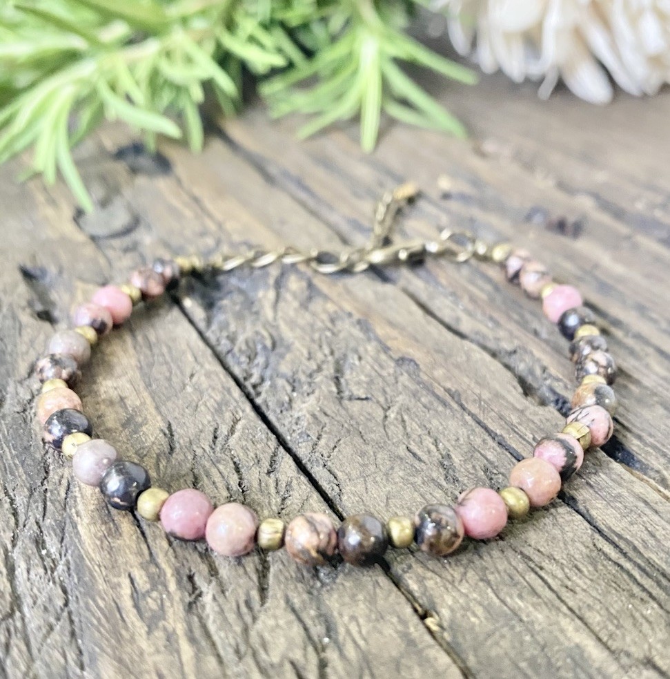 Tiny Gemstone Beaded Bracelet Pink Rhodonite, Bronze Chain