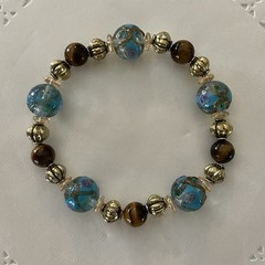 Ladies Beautiful LampWork Glass & Gemstone Beaded Stretch Bracelet 7.5”