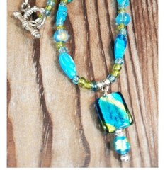 Glass Beaded Necklace/pendant Turquoise Blue Green Toggle Clasp 20.5″ Handmade
