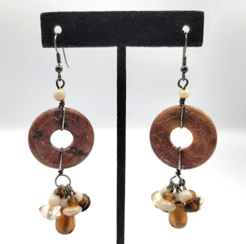 Boho Jasper Stone Disc & Glass Bead Dangle Drop Earrings Pierced Artisan 3.5″