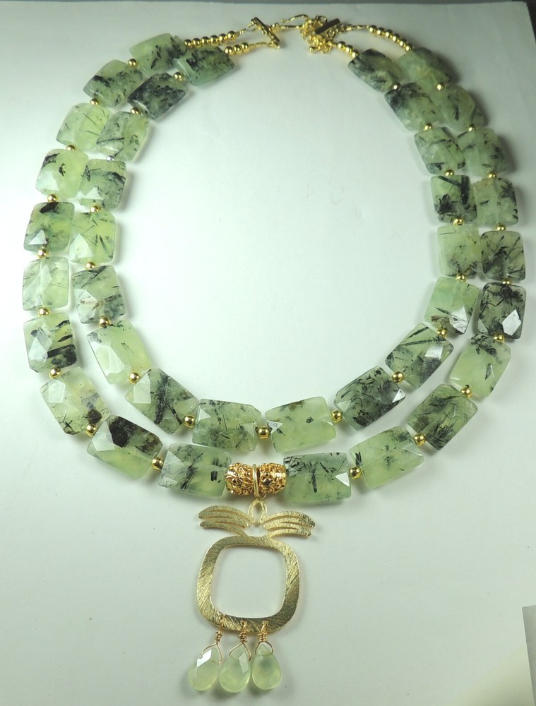 2 Strand Prehnite Statement Necklace with Apple Pendant with Briolettes