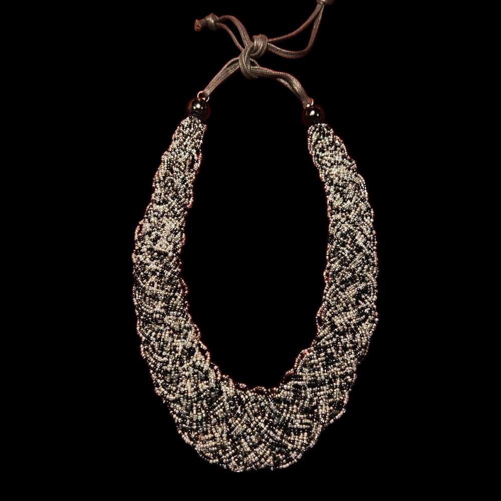 Artist Made Necklace 18” – 24” Seed Bead Braided Black Gray Handmade Tie Closure