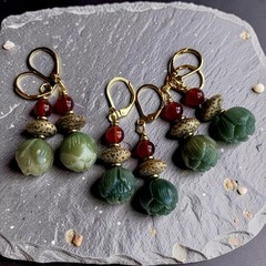 Lotus Bodhi Root & Carnelian Earrings, Natural Nature Inspired Spiritual Dangles