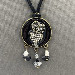 Artisan Owl Pendant Rhinestone Natural Stones Glass Faux Leather Cord Boho