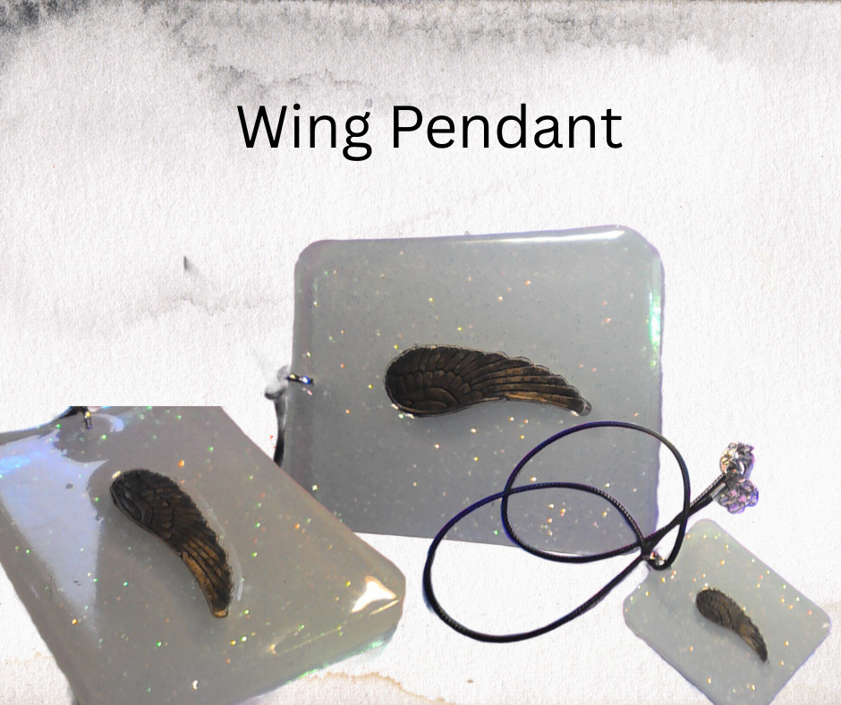 Handmade White Resin Wing Pendant Necklace Glitter Angel Black Cord 18″