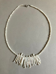 Handmade White FRESHWATER Biwa Baroque PEARL Sterling SILVER Necklace 18.5 in