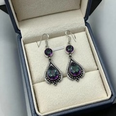 Handmade Mystic Topaz Dangle Earrings Antique Silver Teardrop Drop Jewelry