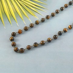Natural Tiger Eye Bead Necklace 30″ Gemstone 8mm Beads in 925 Sterling Silver