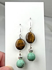 Handmade Beaded Glass Earrings, w/ Tiger Eye & Howlite, Silver Plated Hooks