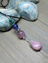 Pink Teardrop Rhodonite Necklace with Emerald and Iolite Gemstones, Colorful