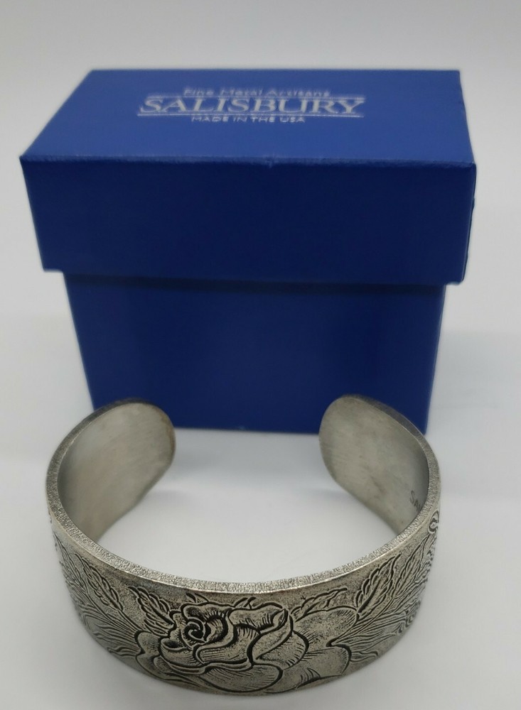 Salisbury Pewter Flower of the Month Rose Cuff Bracelet in box