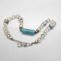 Artisan Blue Stone Millefiori Glass Bead Boho Necklace Silver Tone Hook Clasp