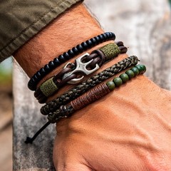 Anju Handcrafted Artisan 4pc Bracelet Stack Set NWT Leather Stone Bead Anchor