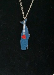 White Enameled Copper Whale Pendant Necklace 18” Silver Tone Chain Red Heart