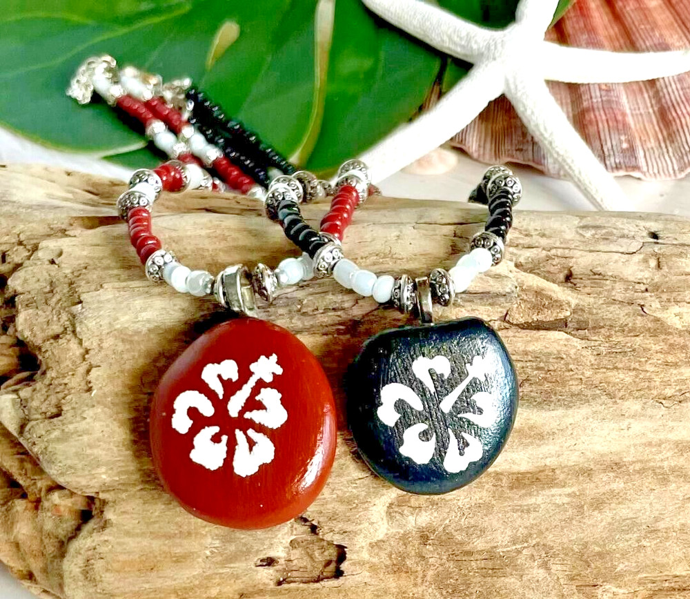 2 Hand Painted Hibiscus Beach Rock Pendant Beaded Necklaces Artisian Jewelry