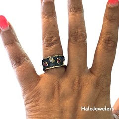 Handmade 925 Sterling Silver Black Brilliant Cut Oval CZ and Rubies Stone Ring