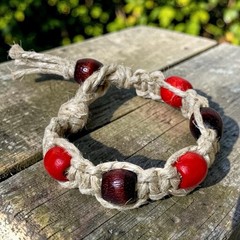 Thick Hemp Bracelet | Surfer Bracelet with Red Wood Beads