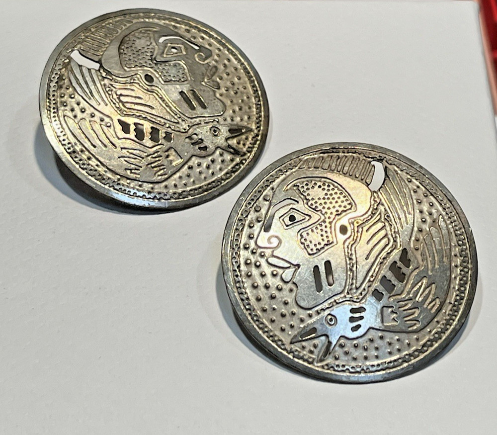 Vintage Large Nickel Plated (NP) Aztec Eagle Warrior Earrings 1 1/2″ Diam.