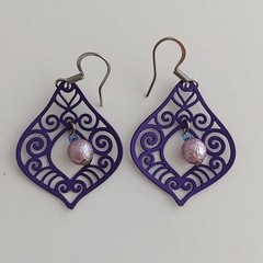 Handmade Blue Purple Filigree Earrings Swirl Dangles Beads Gift Rdy Lightweight
