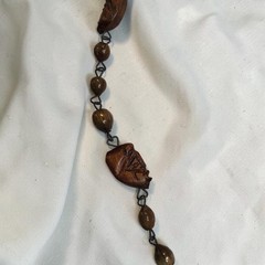 Vintage Hand Carved Wood & Seed Bead Necklace Folk Art Boho Statement 26″