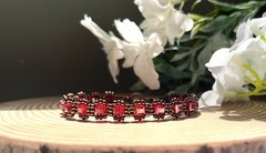 Handmade Beaded Classic Tennis Style Bracelet In Burgundy Tone Adjustable