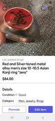 Red And Silver-toned Metal Alloy Kanji Ring «Zero» Men’s Size 10/10.5 Naruto?