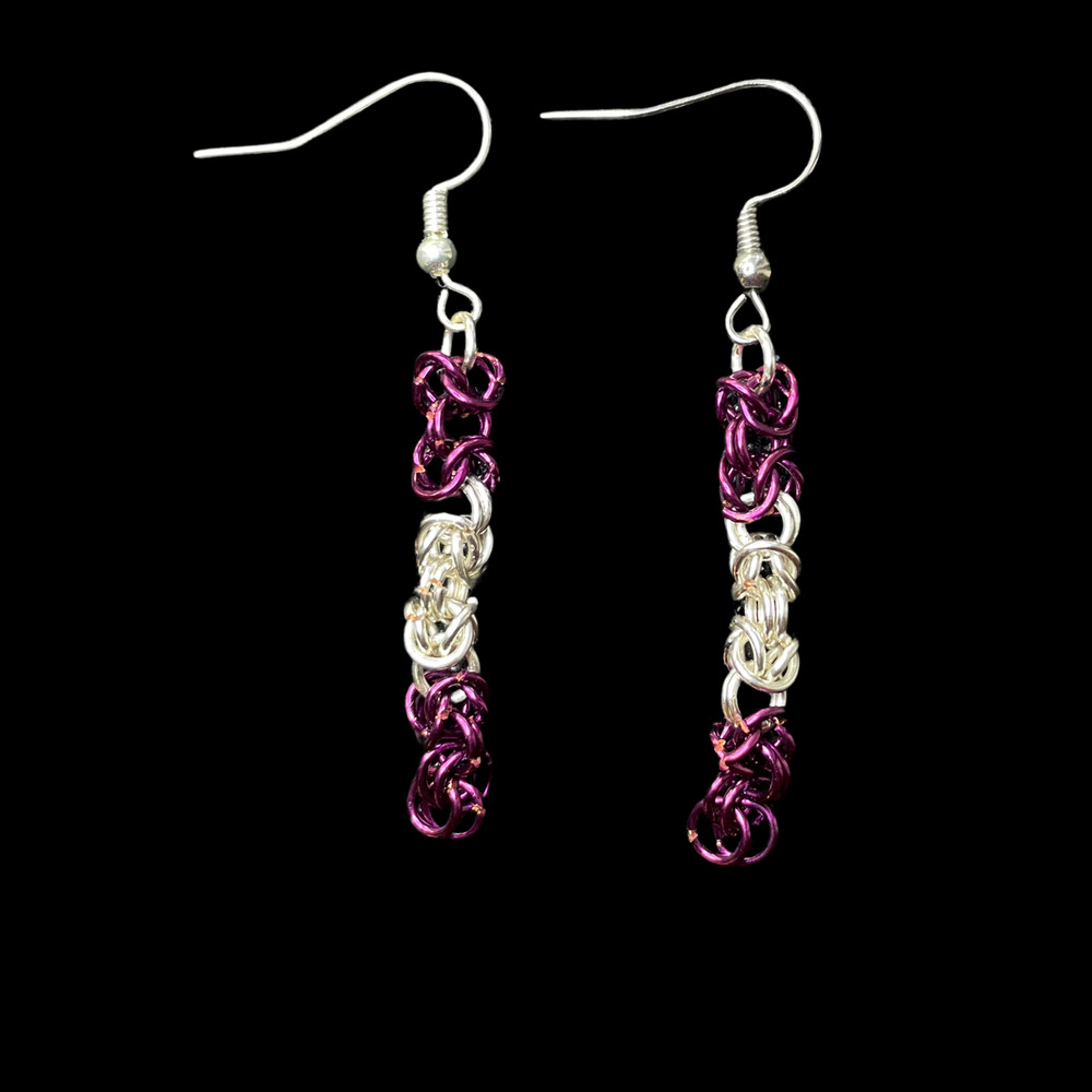 Purple & Silver Tone Byzantine Weave Chainmaille Earrings, 2.25 in.