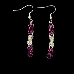 Purple & Silver Tone Byzantine Weave Chainmaille Earrings, 2.25 in.