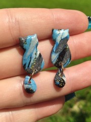 Handcrafted Polymer Clay Resin Gold Dangle Stud Earrings Blue Black White Cat