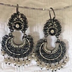 Earrings Mexico Filigree Silver Scroll & Pearl Beads Oaxaca Handmade