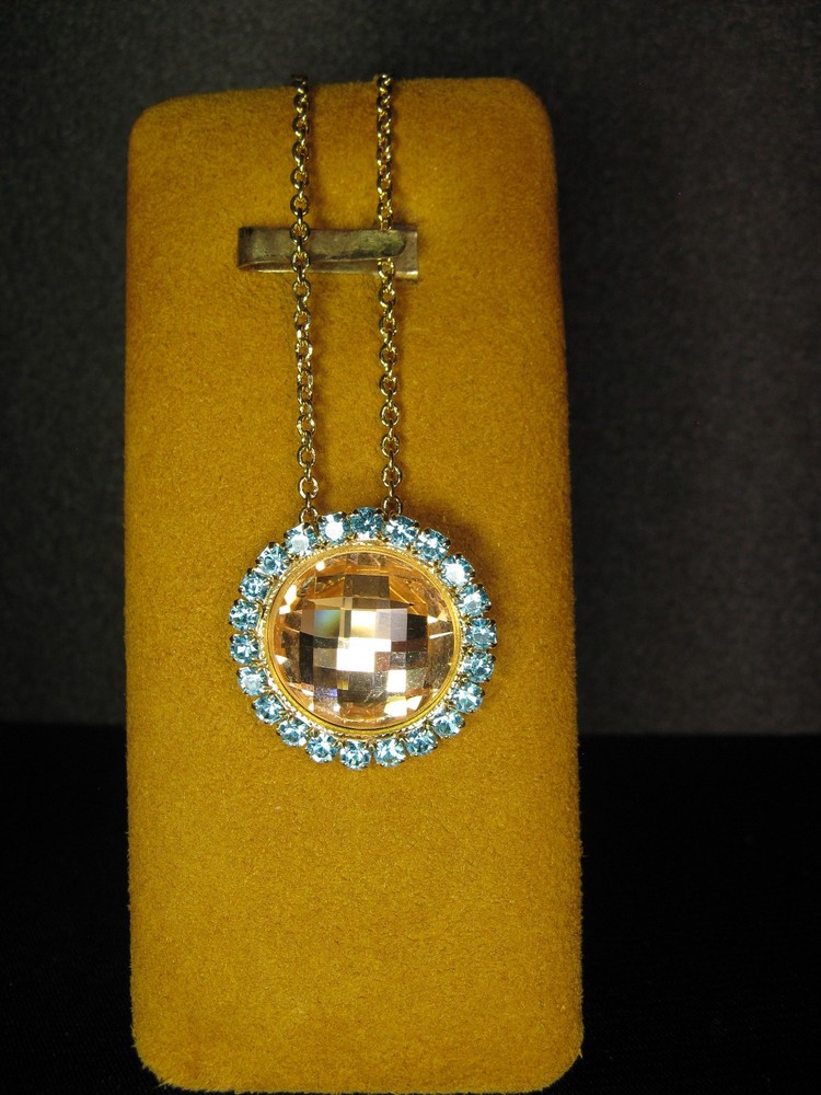 MARIANA SWAROVSKI CRYSTALS ROUND PENDANT NECKLACE Gold Pl Orange Blue Designer
