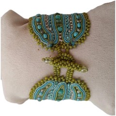 Beaded Cuff Bracelet Boho Style Handcrafted Unique Shades- Turquoise Teal Green