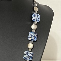 Handmade Art Fused Glass Beaded Necklace Blue And White With Silver Accents