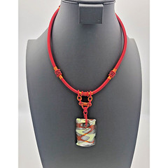 Art Glass Handcrafted Pendant Necklace Multi-color on Red Silk Cord WO-0537