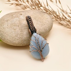 Blue Angelite Pendant, Tree of Life Copper Wire Wrapped Gemstone Jewelry