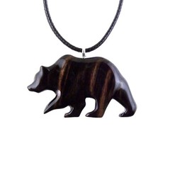 Hand-Carved Wooden Bear Pendant Necklace, Totem Wood Jewelry for Men Women