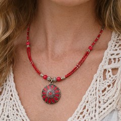 Tibetan Handmade Red Coral Gemstone Necklace 18in #0667