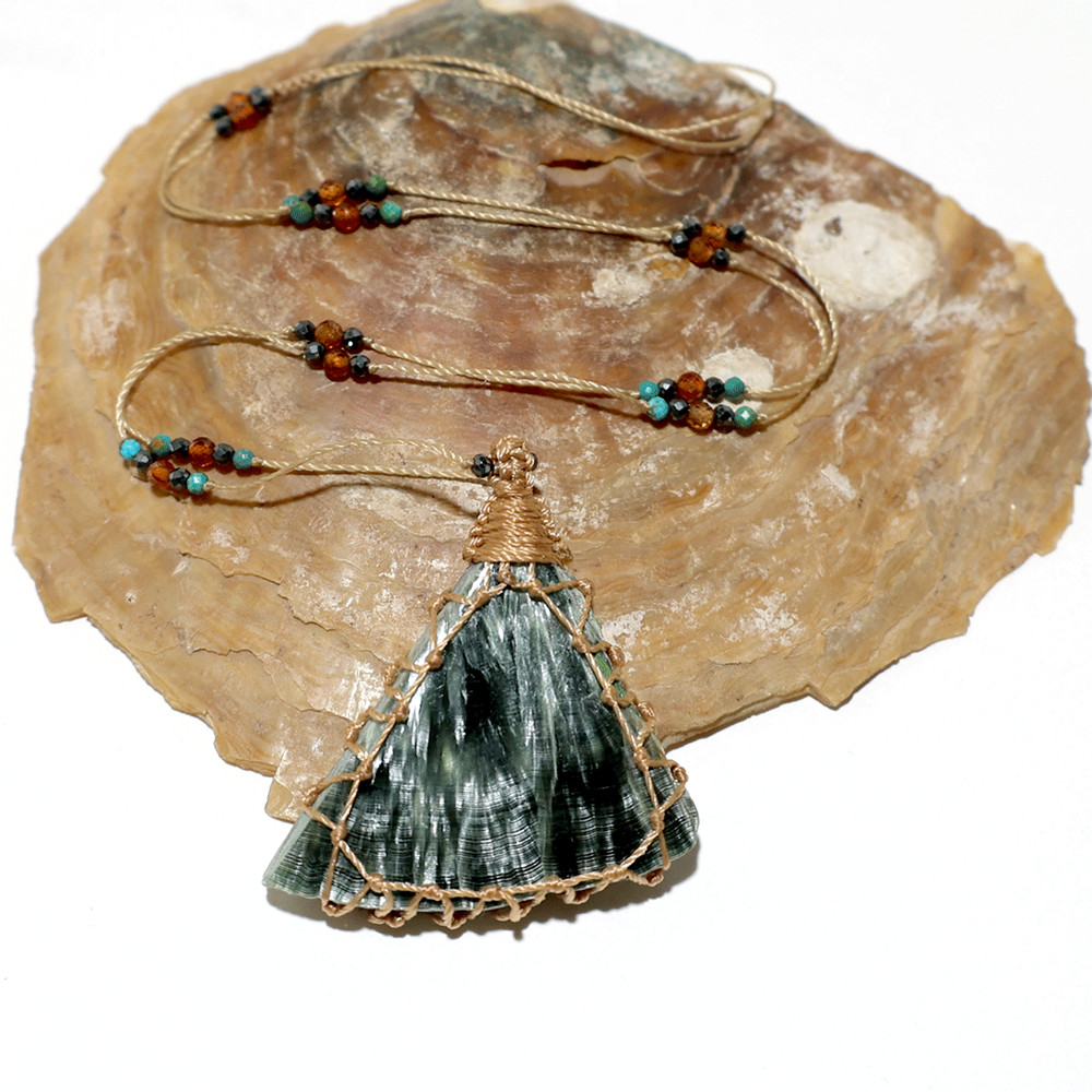 Green Wing Amulet — Seraphinite Micro Macramé Necklace — Feathered Earth Crystal