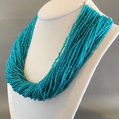 Vintage 1984 India Coin Teal Glass Seed Bead Multi Strand Crochet Necklace 21″
