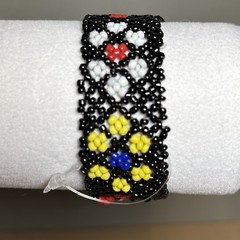 Handcrafted Bracelet Woven FLORAL Seed Bead Black Multicolor 6” Stretch Boho NEW