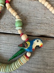 Wooden Disc Bead Hand Painted Parrot Chunky Tropical 30” Necklace