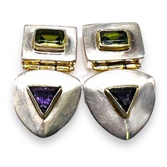 MICHOU Design Amethyst Peridot 22k Sterling Silver Two Tone Earrings 24 mm